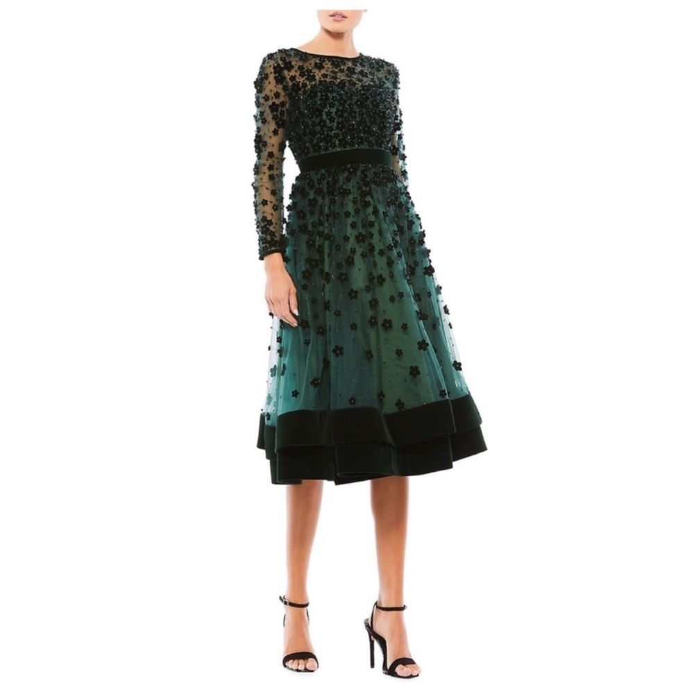 Mac Duggal Floral Appliqué Tea length Dress green emerald sz 10
